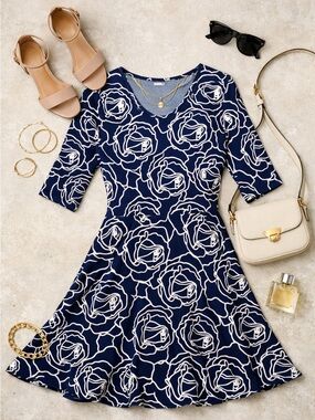 Olivia Matthews Navy Floral Fit & Flare Dress – Size Small